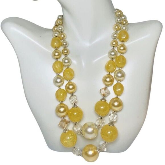 Japan Yellow Crackle Beaded Graduated Faux Pearl 2 Tier Silver Tone Necklace 16” - Picture 2 of 14